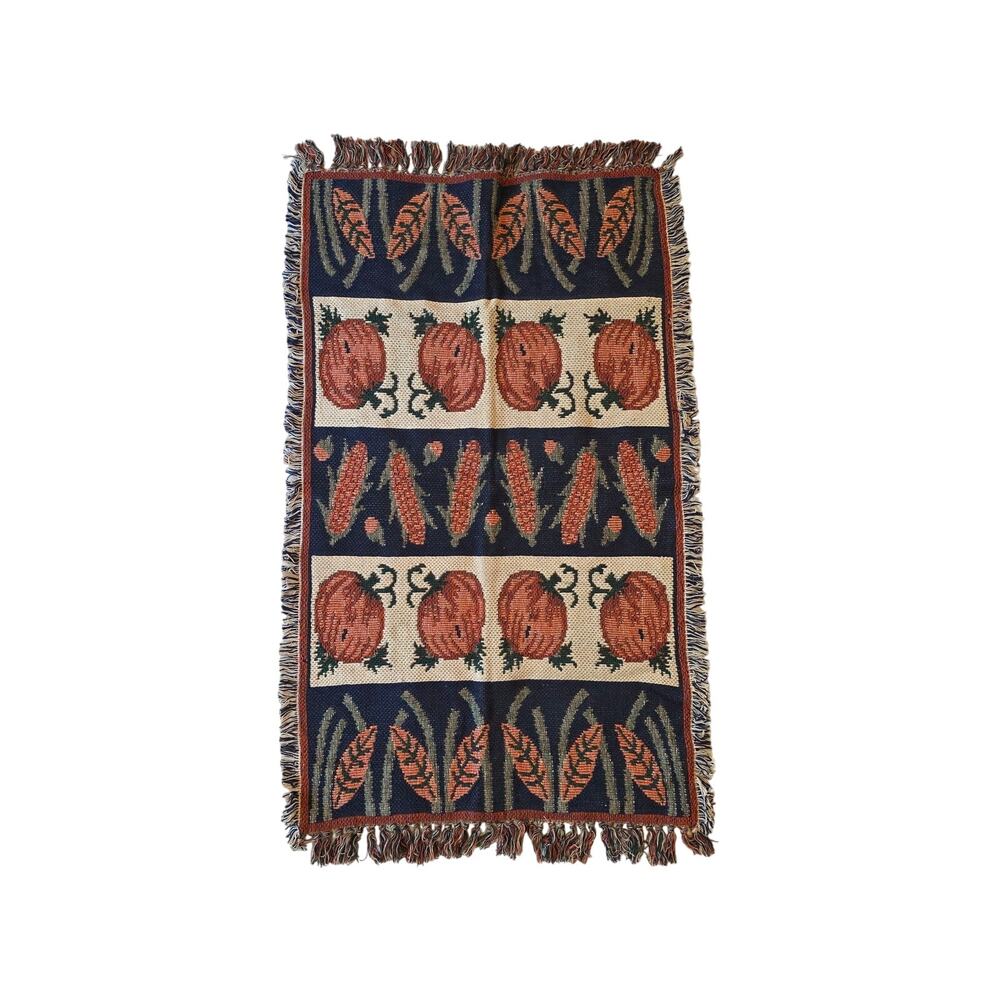 Vintage Fall Woven Accent Rug Pumpkin Corn Harvest Tapestry Wall Hanging Runner